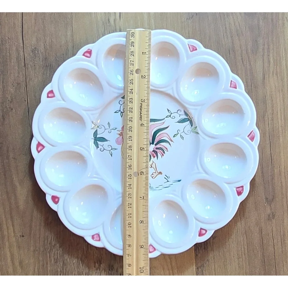 Vintage Style‎ Ceramic Rooster Deviled Egg Platter Scalloped Serving Tray 9.5